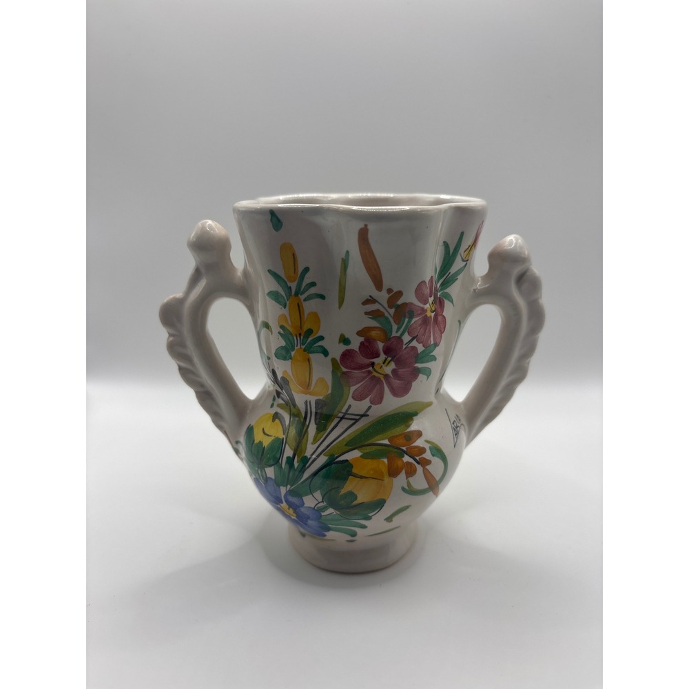 LARIO Hand Painted Floral Ceramic Vase Double Handle Scalloped Rim 6 Inch